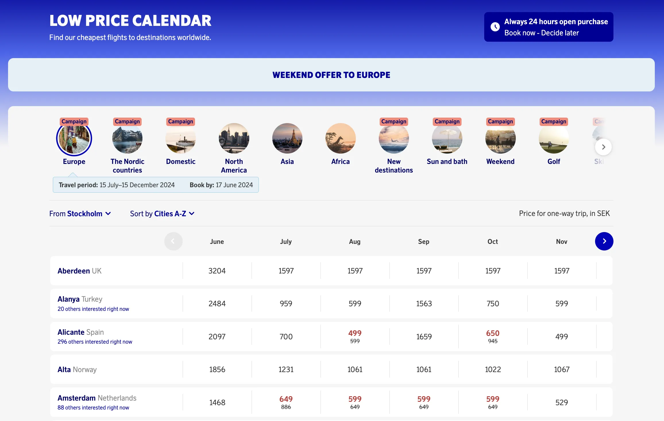 SAS low price calendar with discounts on SAS flights to Europe (June 2024)