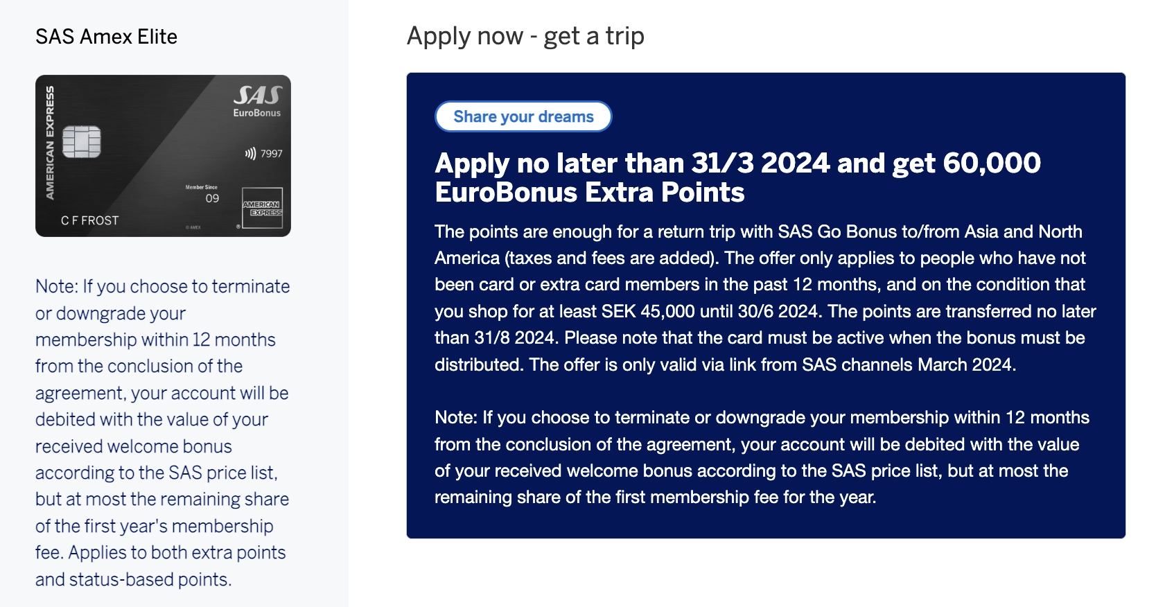 Get 60.000 EuroBonus Points when applying for the SAS Amex Elite in March 2024.