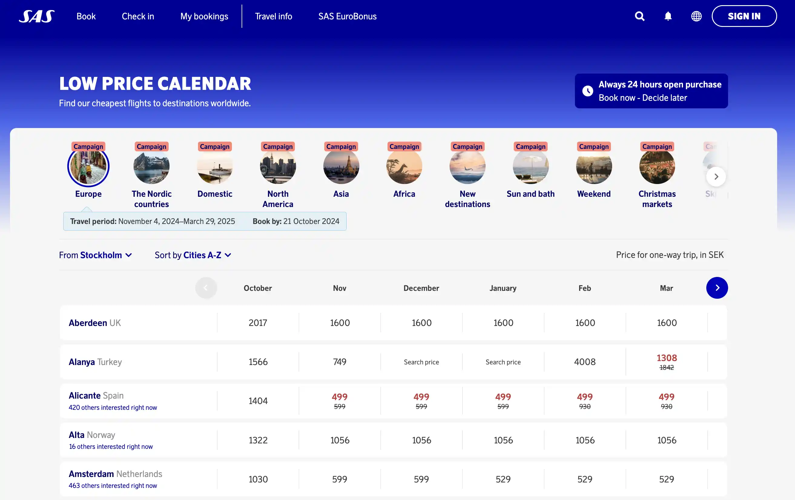 Sale on Cash tickets with SAS (Low cost calendar) until October 21st, 2024.