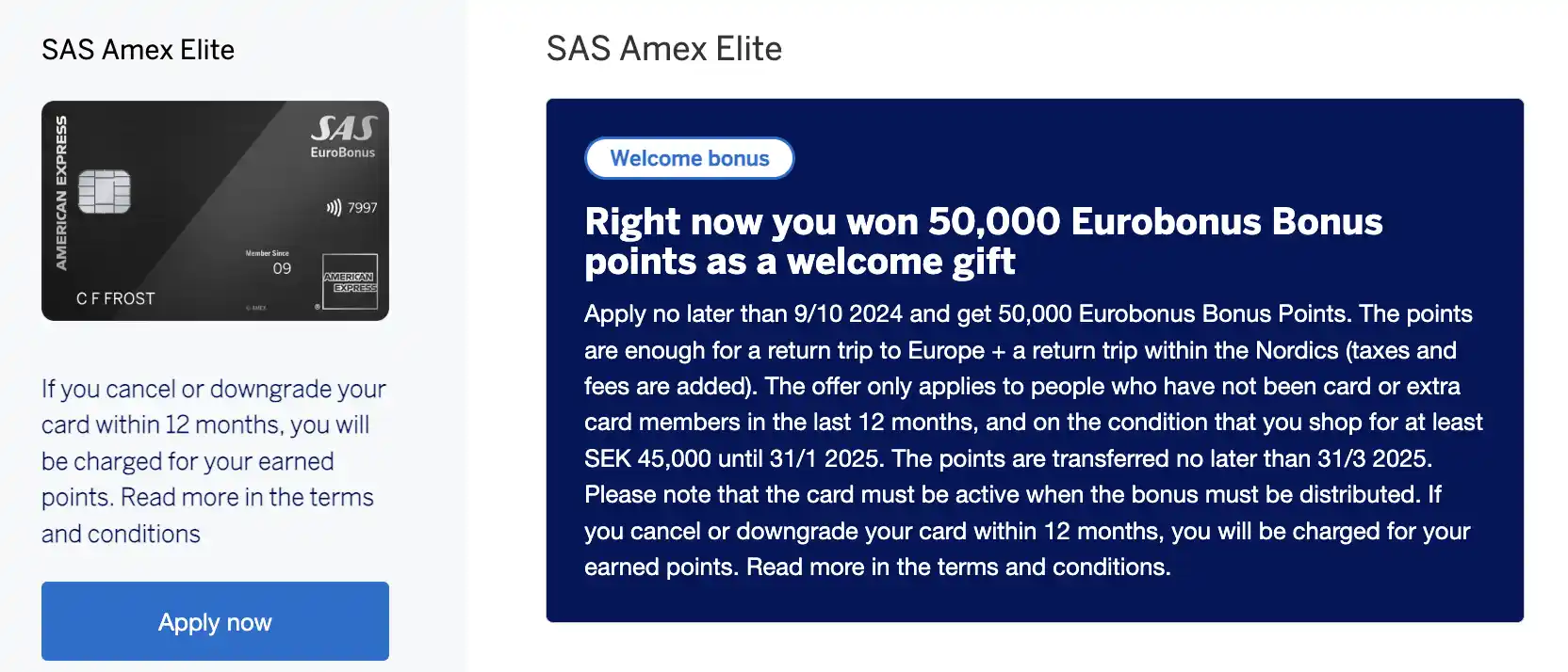 Get up to 50.000 EuroBonus points for applying to the SAS Amex Elite card.