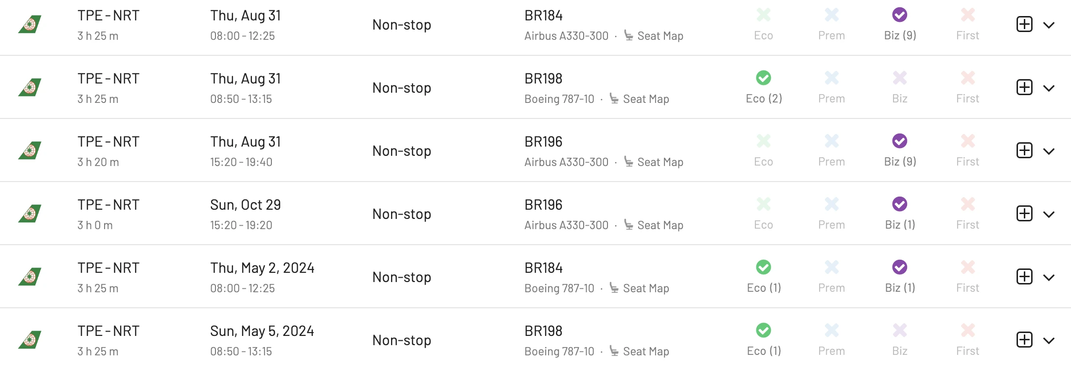 Taipei to Tokyo on EVA Air (AwardFares)