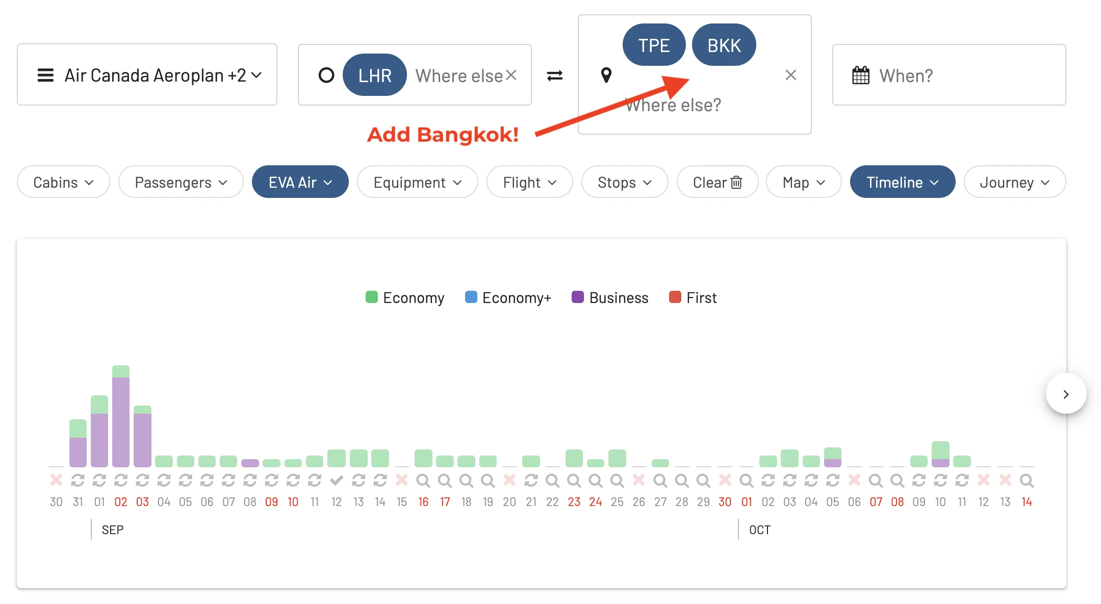 EVA Air Searching for availability to Taipei and Bangkok with AwardFares