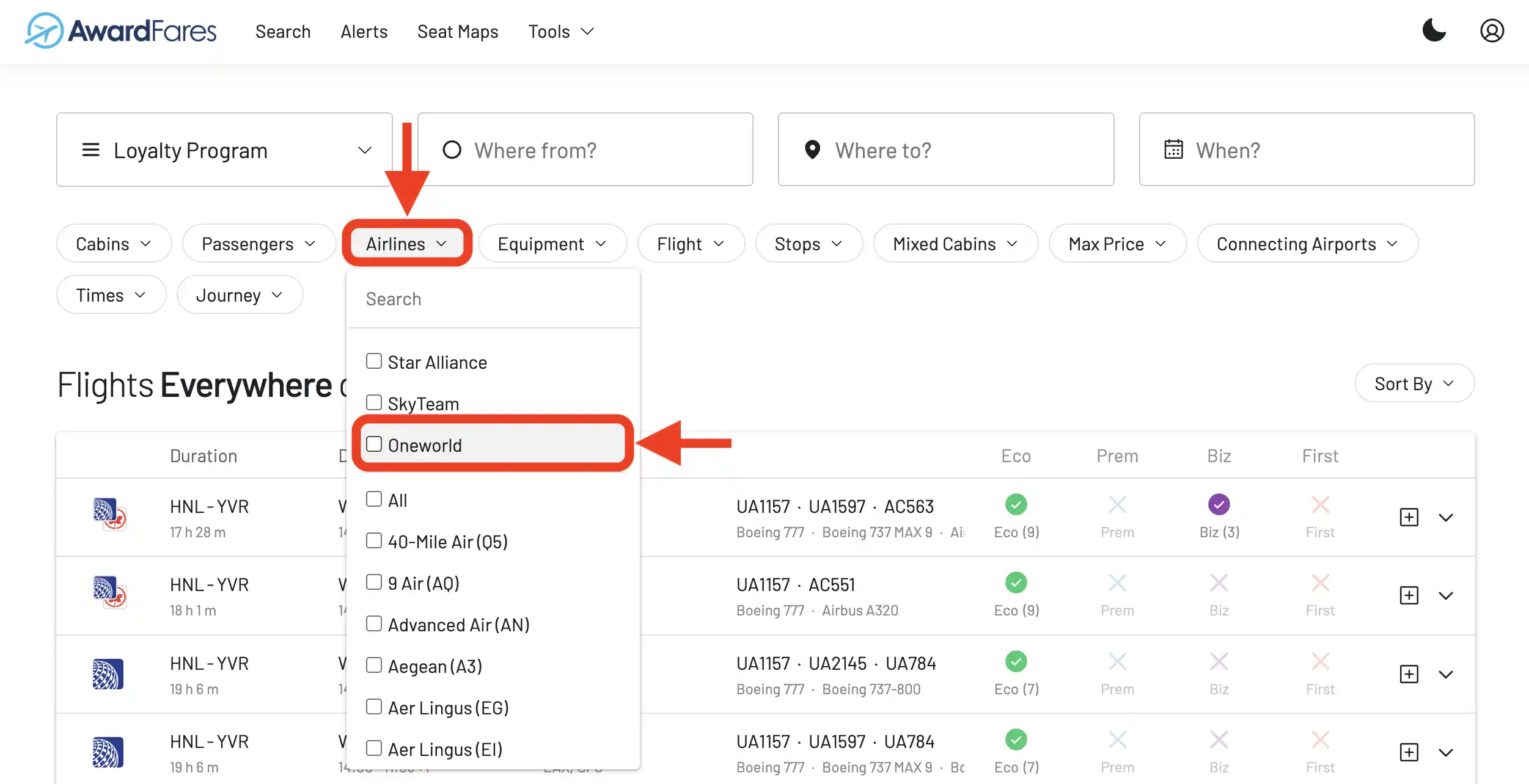 Select Oneworld in the AwardFares airlines filter