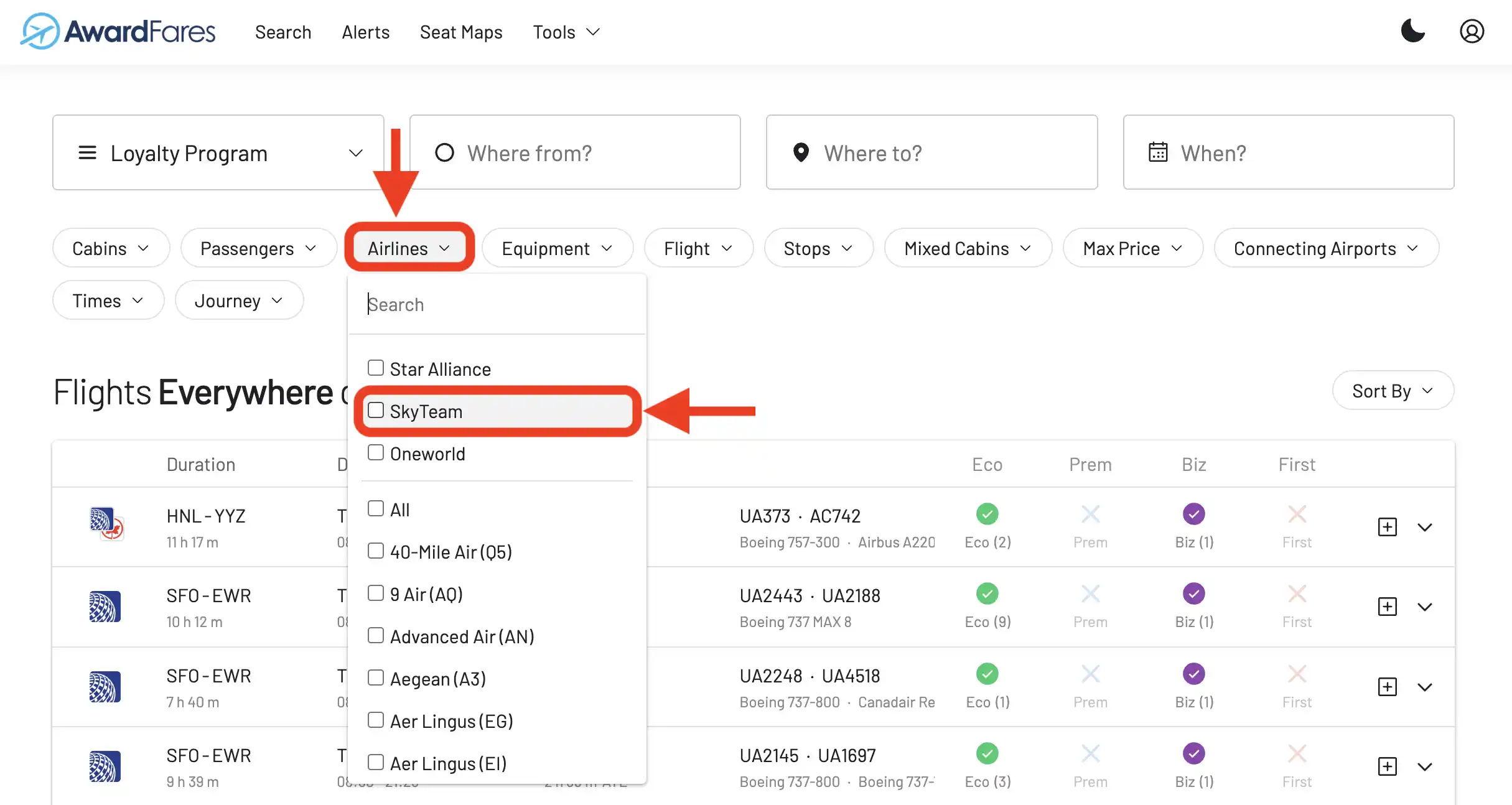 Select SkyTeam in the AwardFares airlines filter