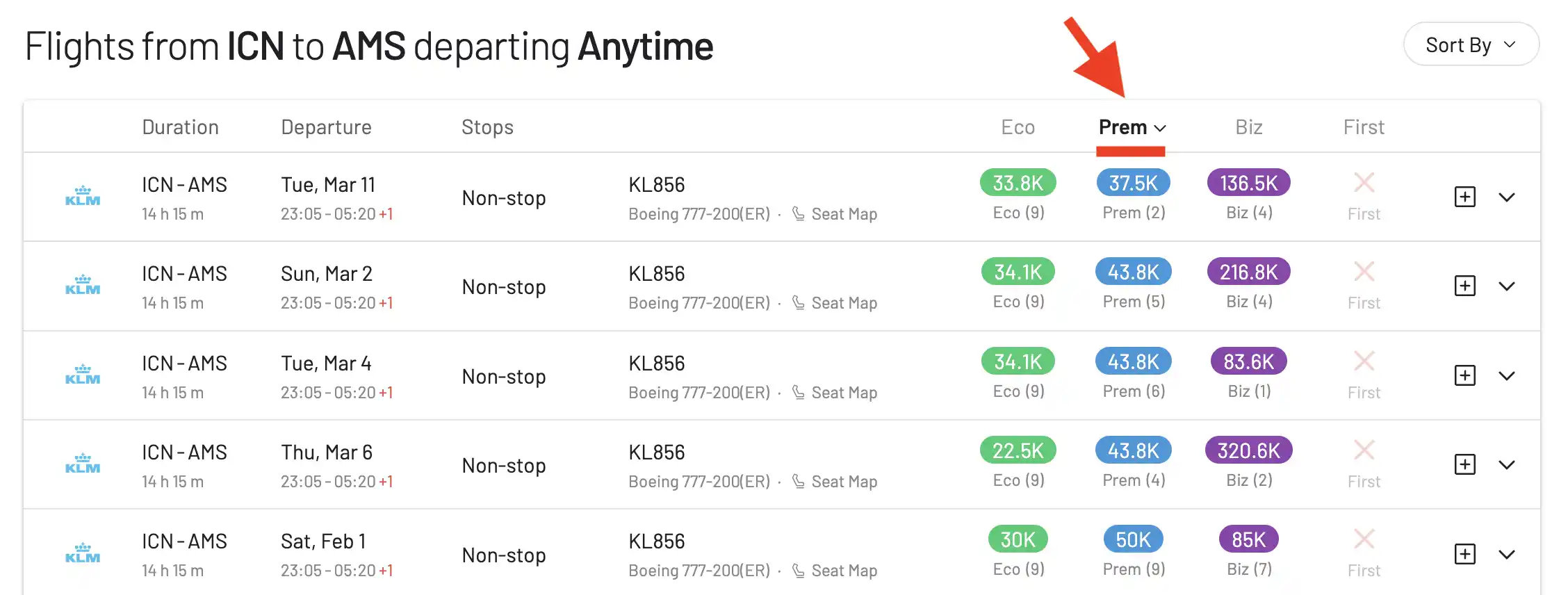 Sorted by Premium Economy Class price