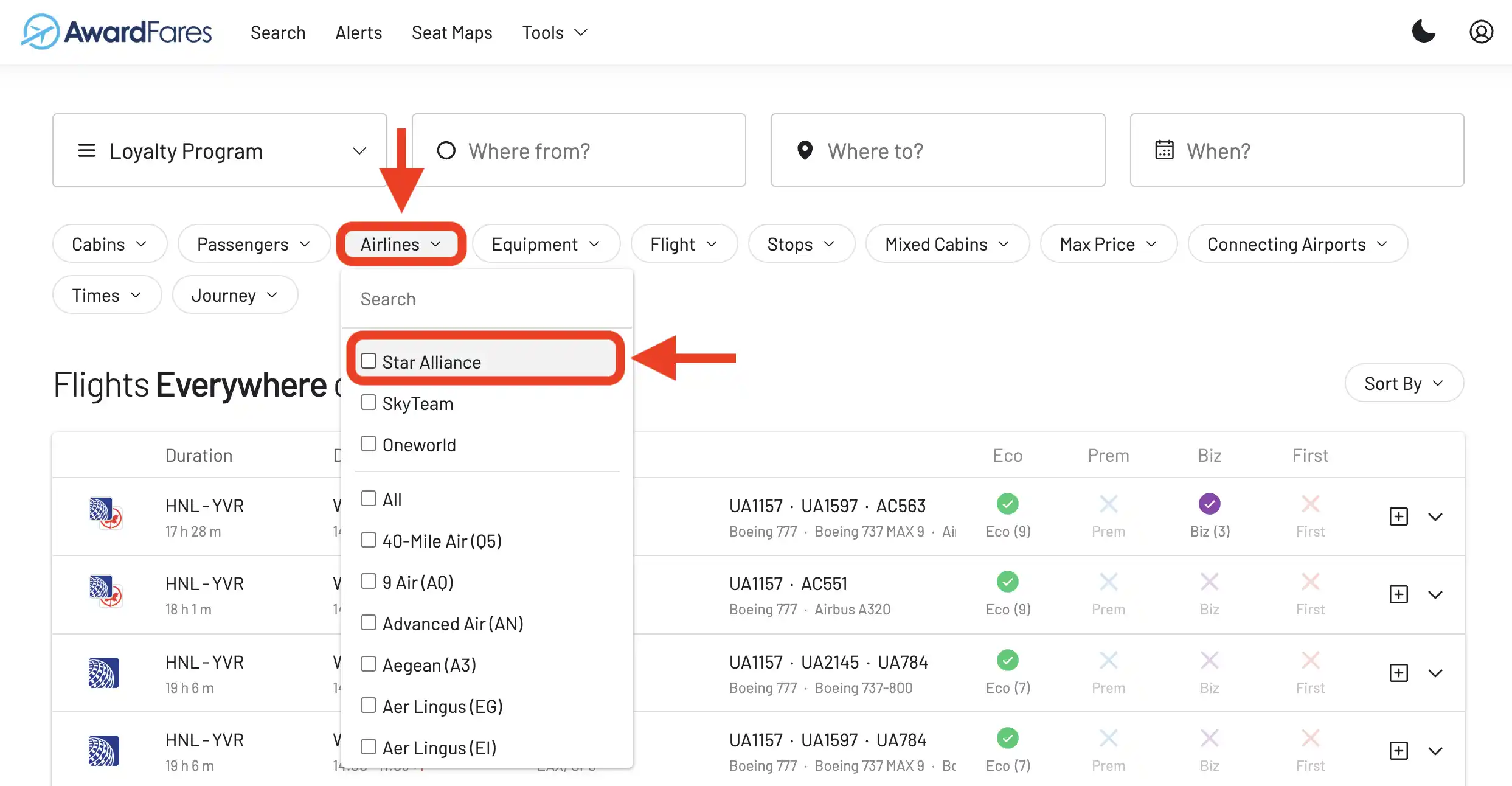 Select Star Alliance in the AwardFares airlines filter