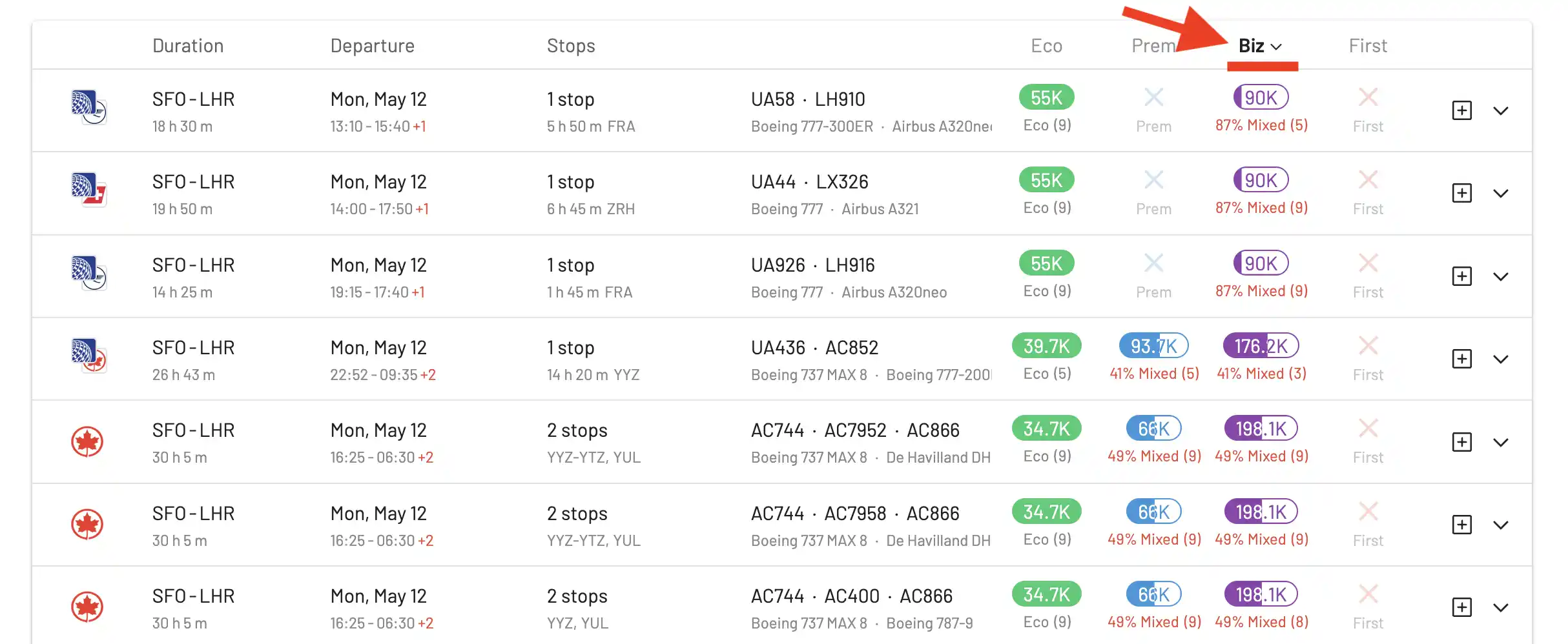 Sorted by Business Class price