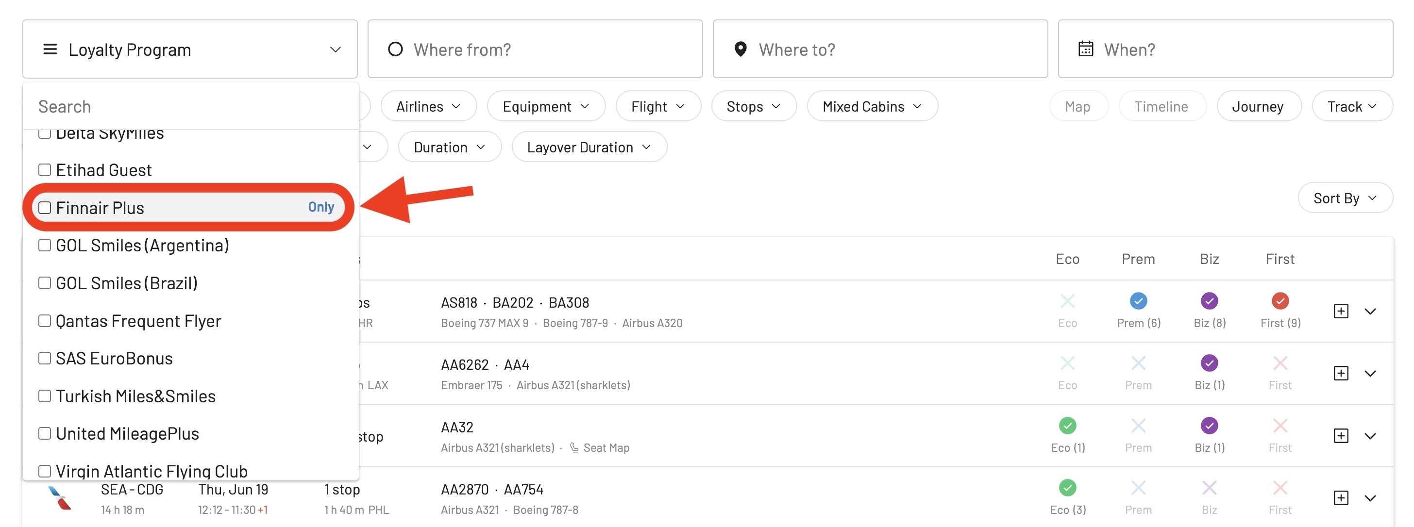 Select Finnair Plus in the AwardFares Frequent Flyer Program picker.