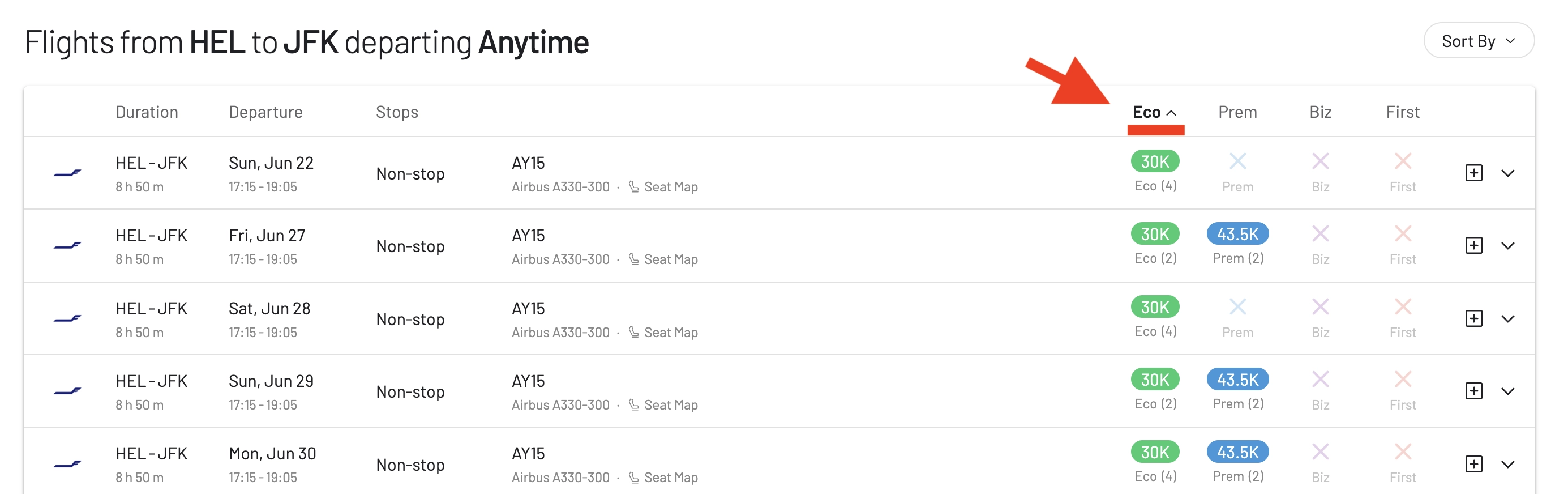 Sort Finnair Plus award flight results by price in Avios.