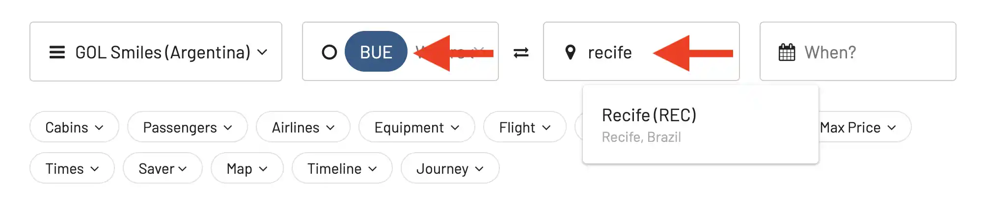 Select the origin and destination city to search for GOL Smiles (Argentina) award flights.