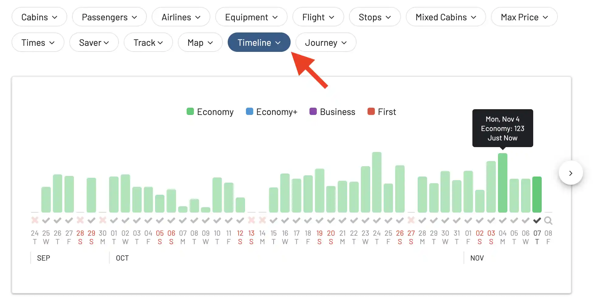 Search results for award flights on AwardFares (Timeline View).