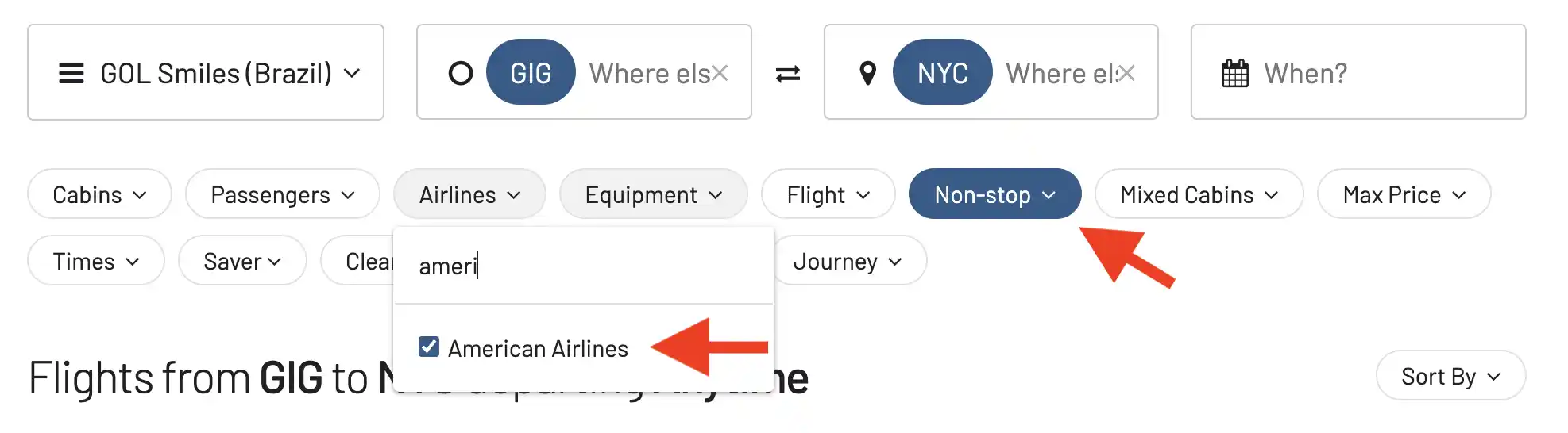 Filter GOL Smiles award flights by cabin or airline.