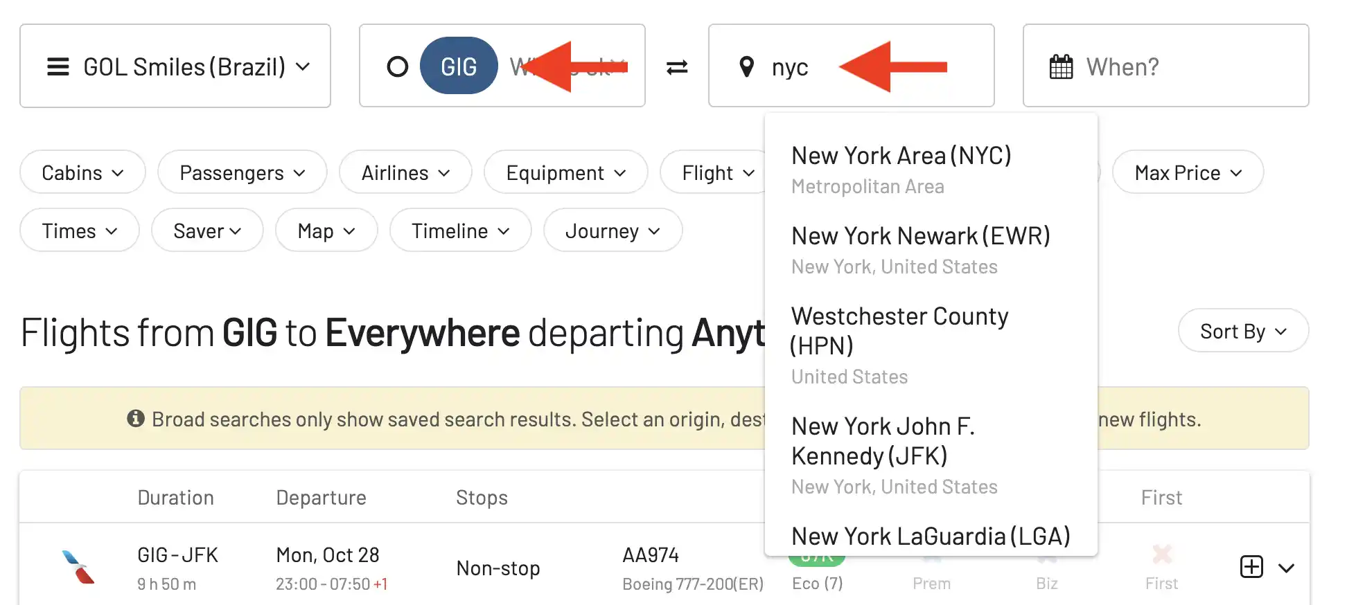 Select the origin and destination city to search for GOL Smiles (Brazil) award flights.