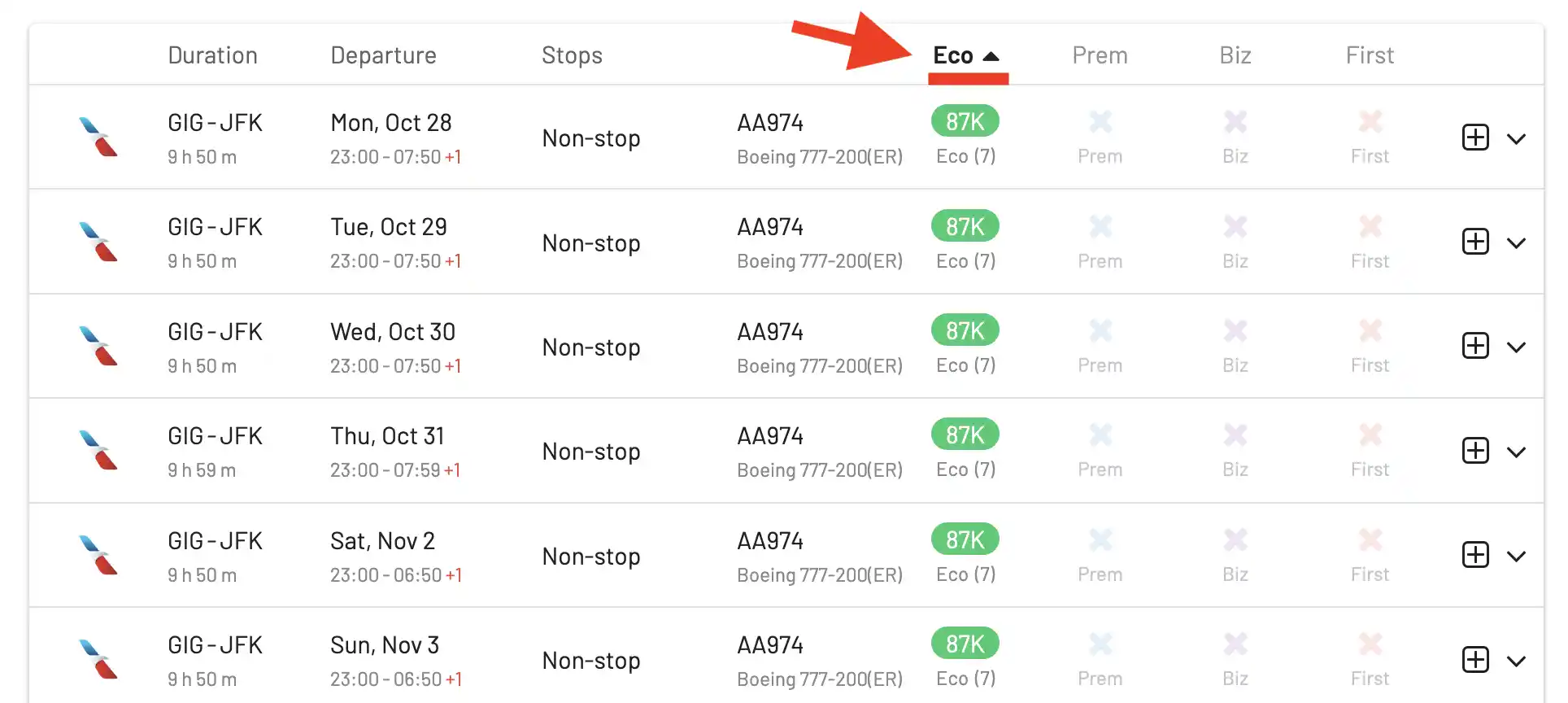 Sort GOL Smiles award seats by price to find the cheapest first.