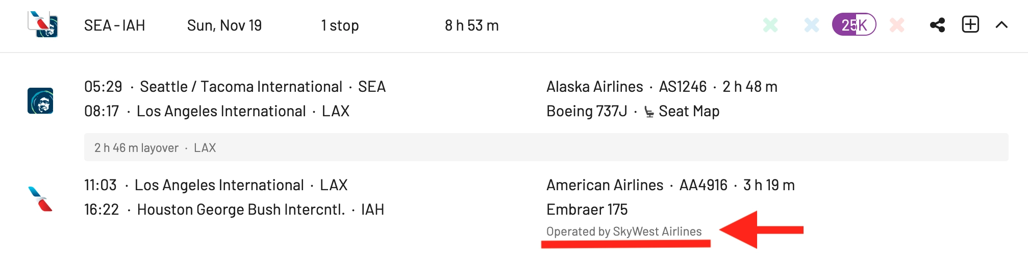 AwardFares now shows Operated By when the flight is performed by a subsidiary airline (American).