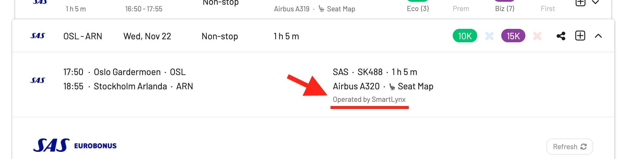 AwardFares now shows Operated By when the flight is performed by a subsidiary airline (SAS).