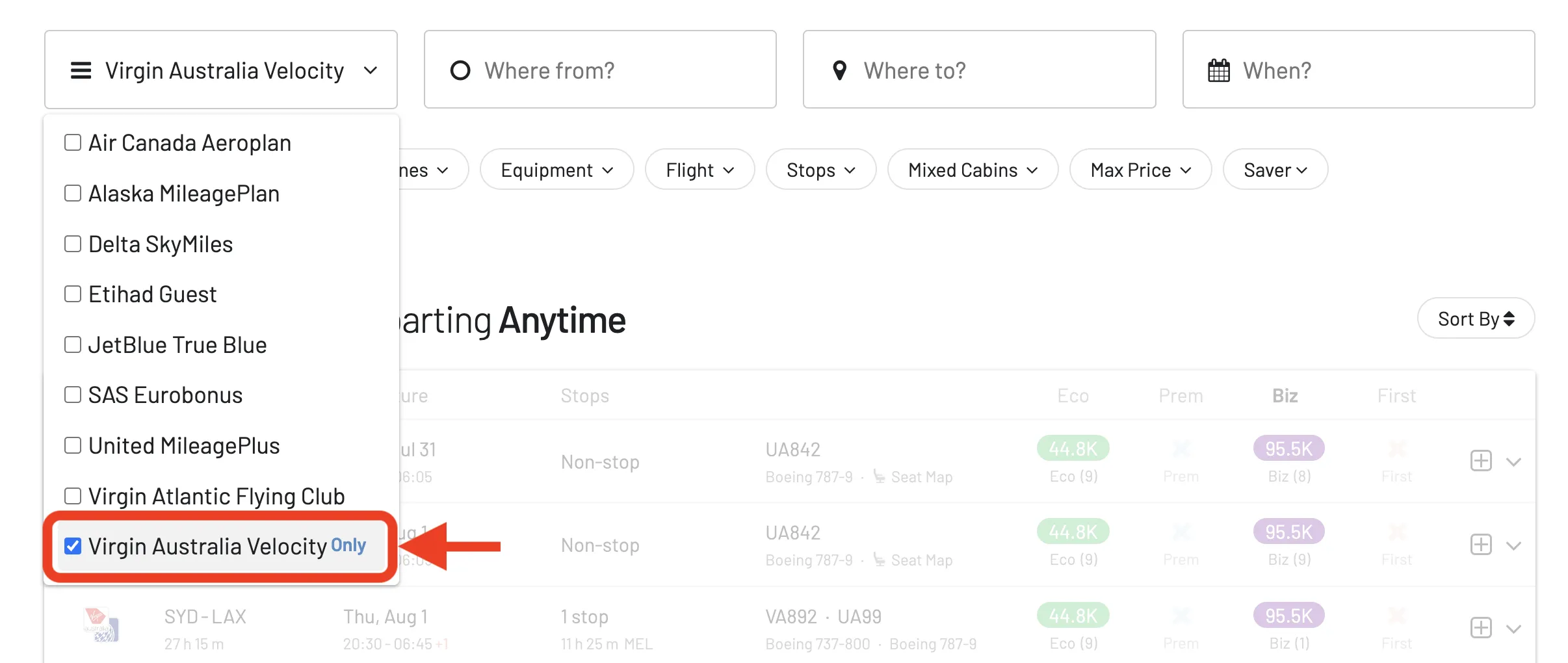 Select Virgin Australia Velocity in AwardFares.