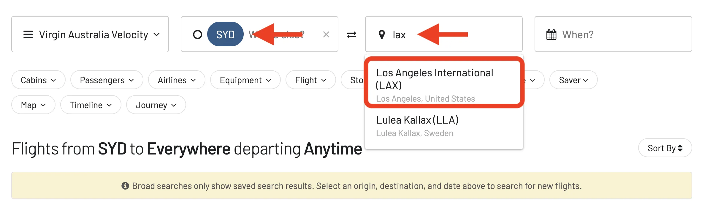 Select a route when searching a Velocity award flights.