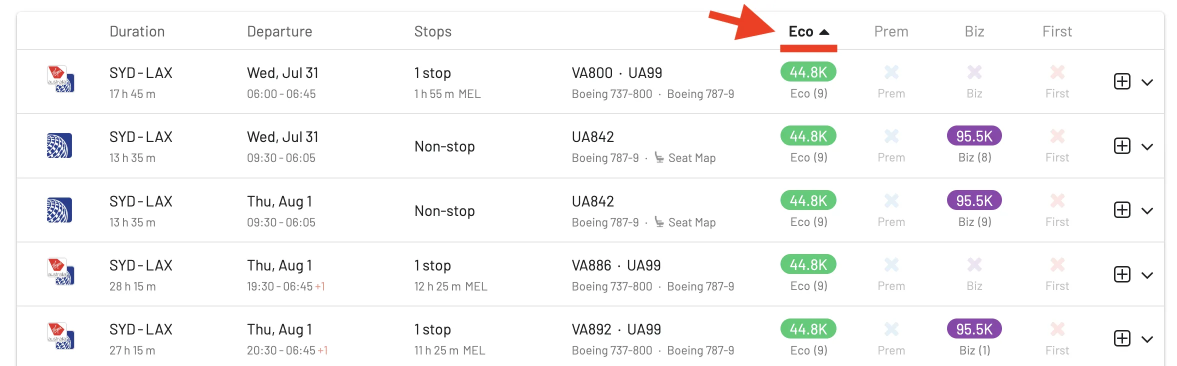 Find the cheapest Virgin Australia awards in Economy Class.