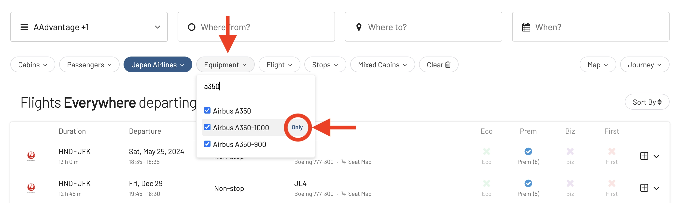 Search for JAL Flagship A350-1000 Award Flights with AwardFares.