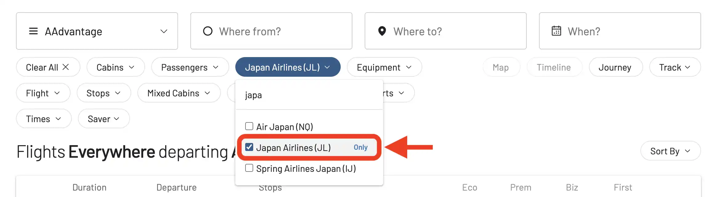 Select JAL in the Airline filter.