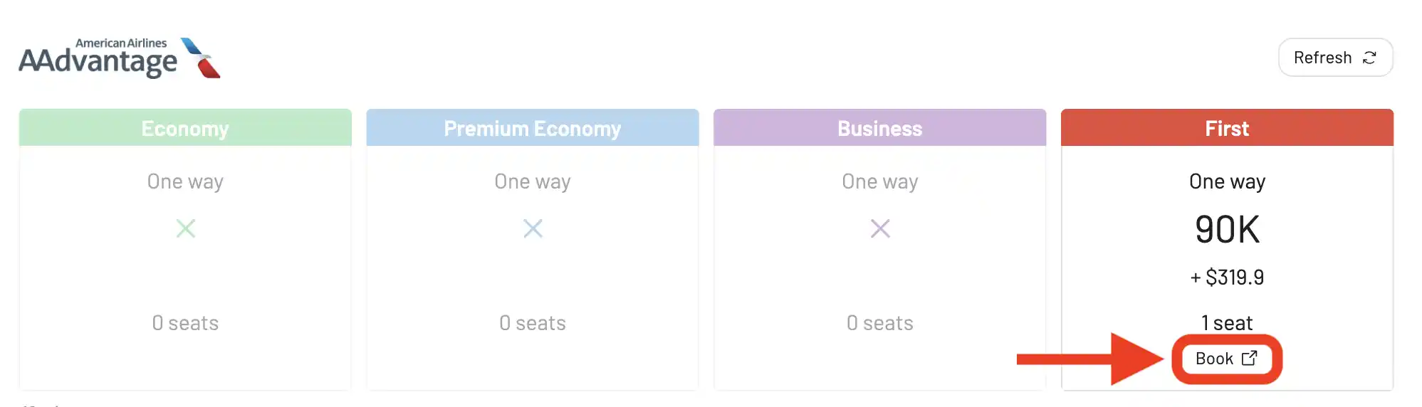 AwardFares redirects you to American Airlines website to book AAdvantage award flights.