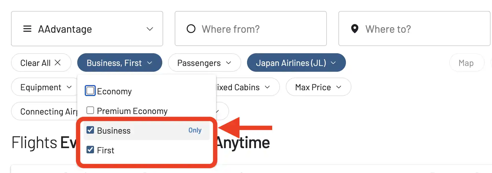 AwardFares cabin filter lets you show award flights on Japan Airlines' First and Business Class only.