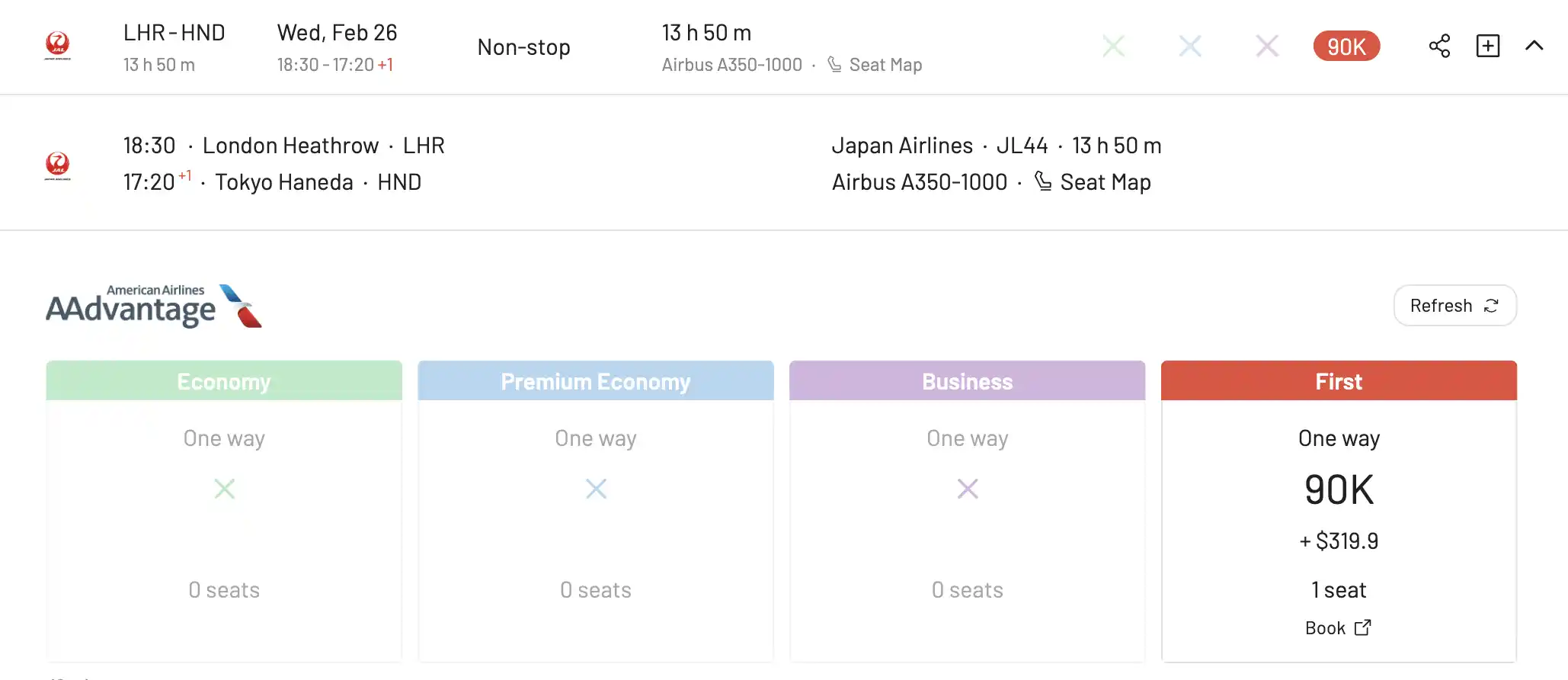 Award flight details in AwardFares.