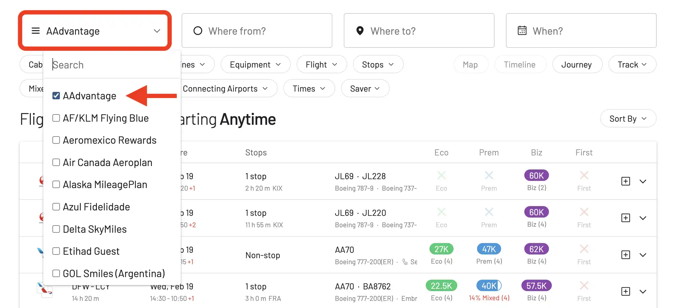 Select AAdvantage in AwardFares Frequent Flyer Program Picker.