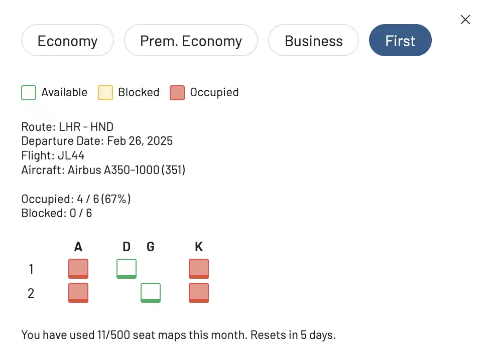 Check Japan Airlines First Class seat maps using AwardFares.