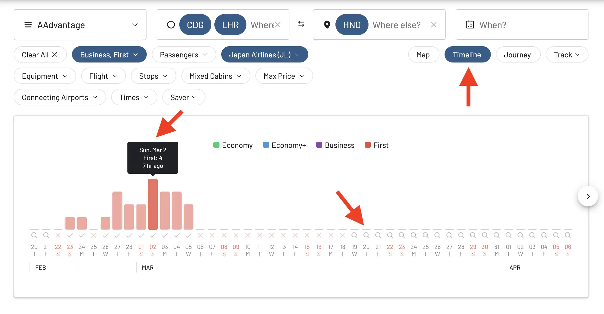 Search results for award flights on AwardFares (Timeline View).