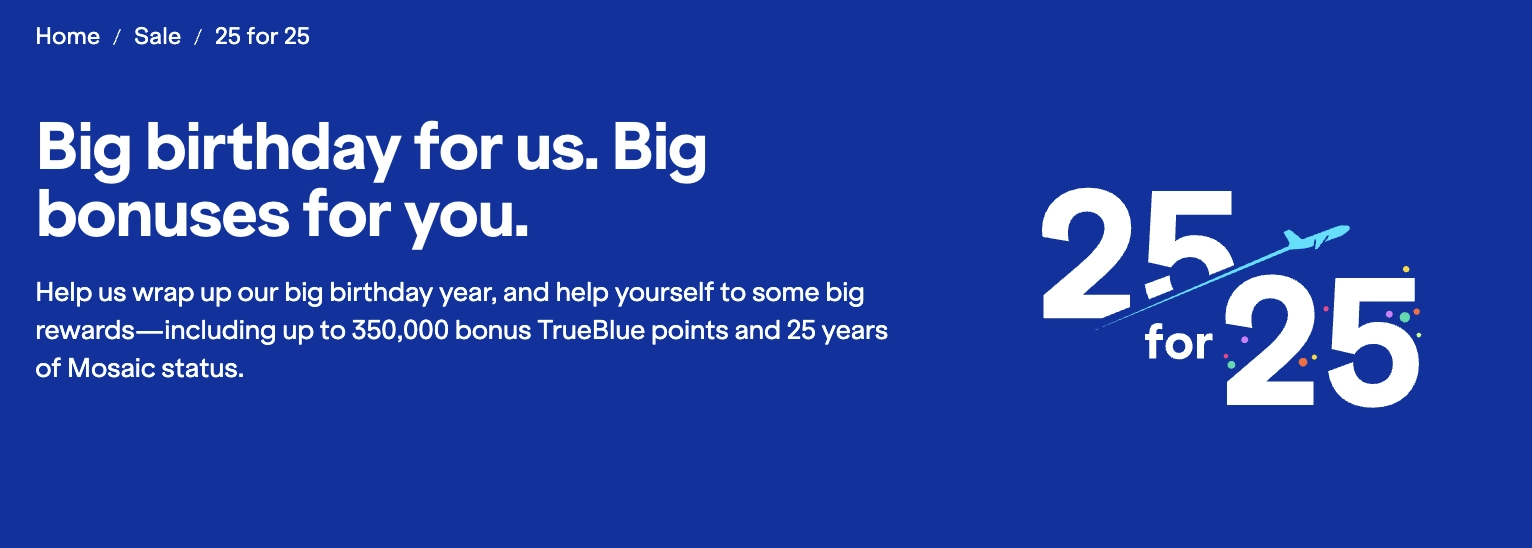 Promotional graphic for JetBlue's 25 for 25 campaign, highlighting rewards for flying to unique destinations.