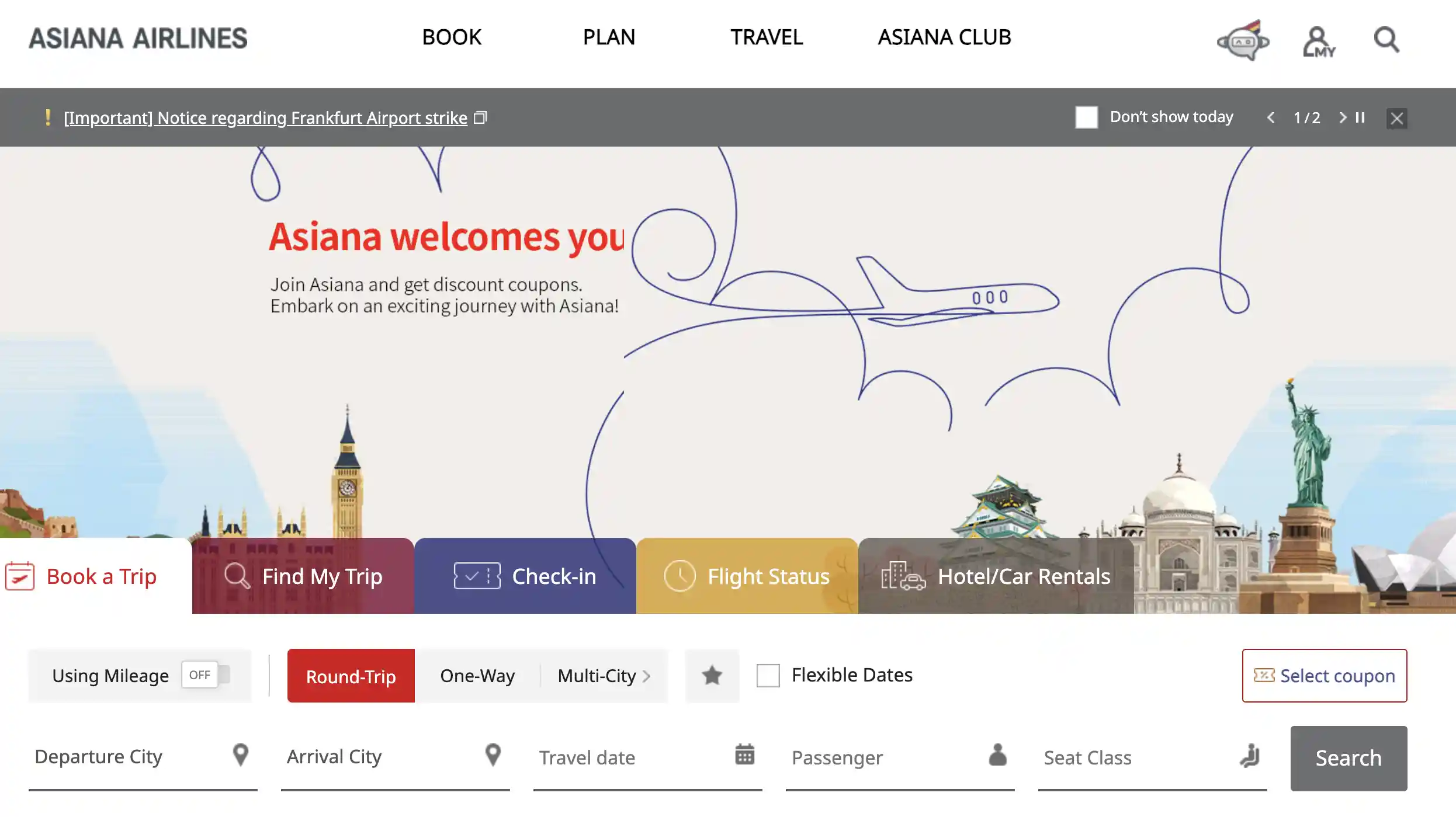 Asiana Airlinesr website before the merger with Korean Air (subject to change in Late 2025)