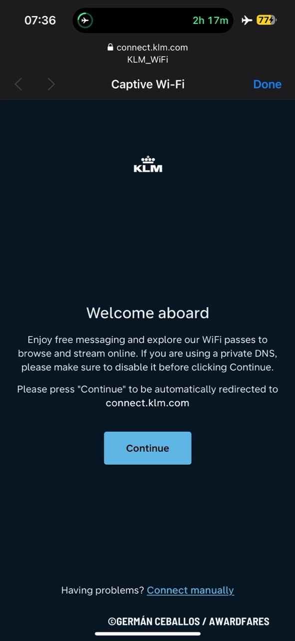 KLM inflight WiFi portal on a mobile phone.