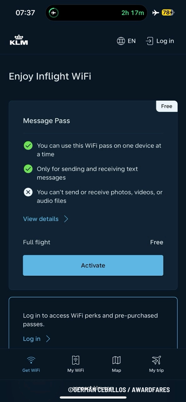 Choosing the free messaging pass on KLM's WiFi portal.