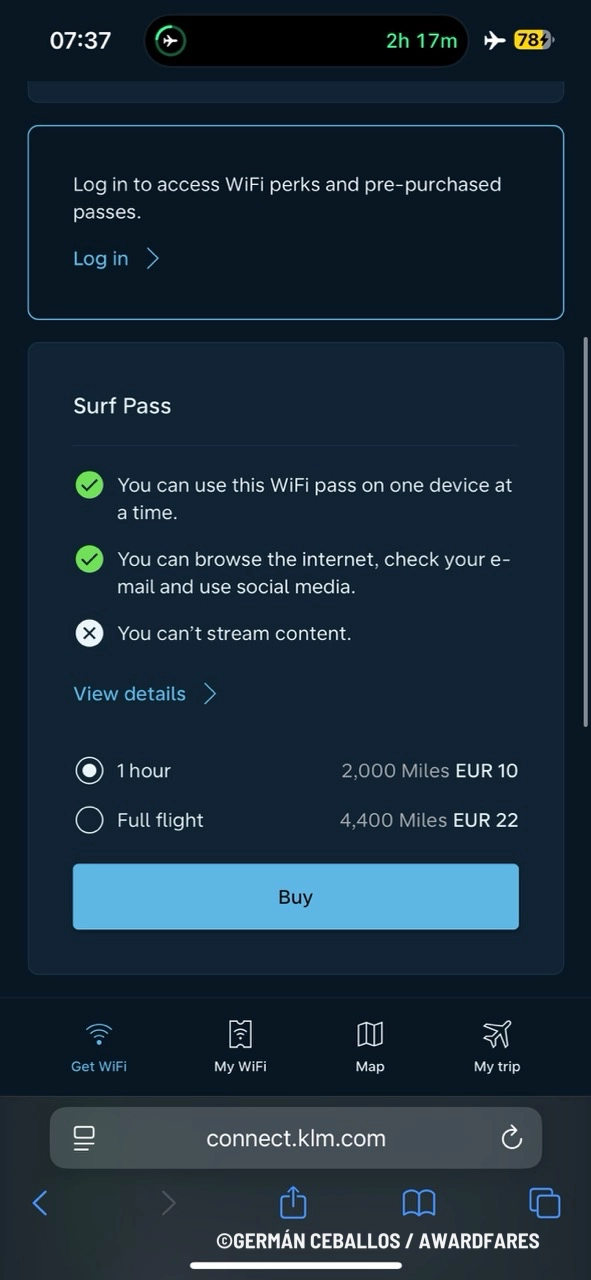 Screenshot of the Surf Pass option for inflight WiFi.