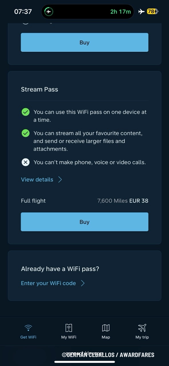 Screenshot of the Stream Pass option for inflight WiFi.