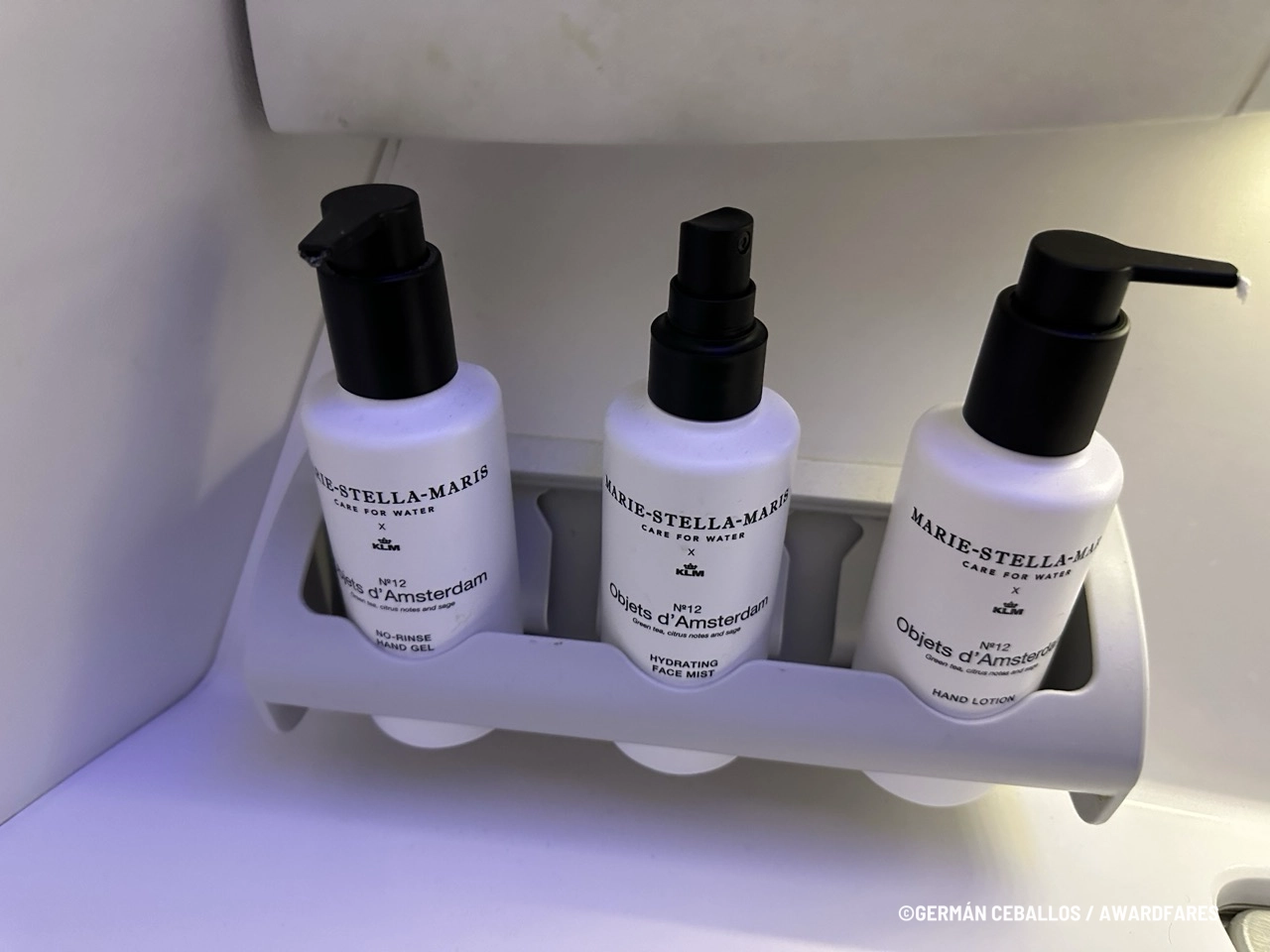 Hand lotion and face mist provided in the lavatory.