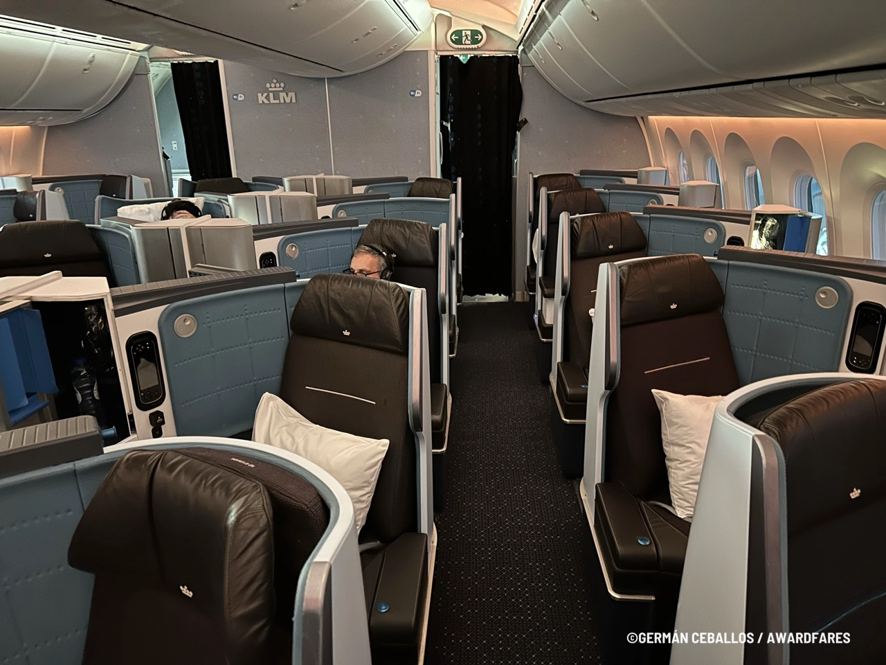 View of the KLM World Business Class cabin.