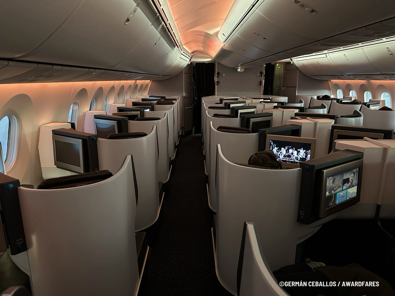 Cabin lighting and overhead bins in the Boeing 787-9.