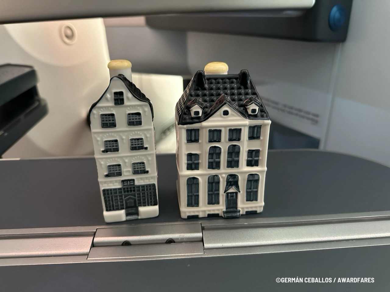 A collectible KLM blue Delft House given as a souvenir in Business Class.