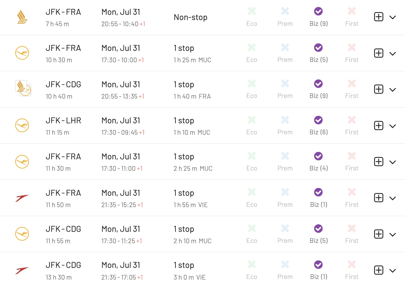 New York to Europe in Business Class using LifeMiles (AwardFares).