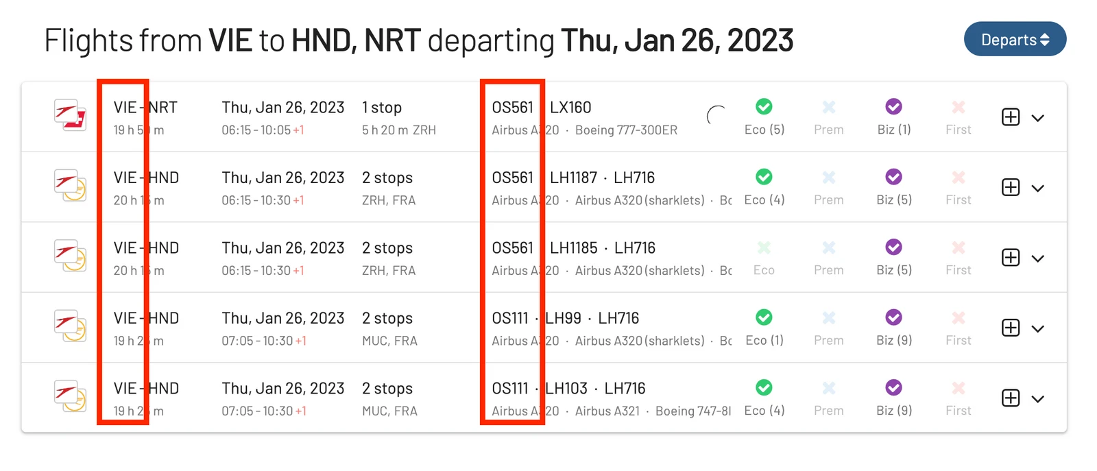 AwardFares search: Amsterdam to Vienna.