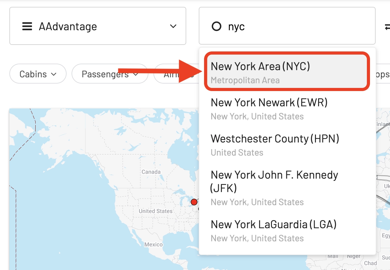 NYC to LHR in AwardFares using Metro Area Search.