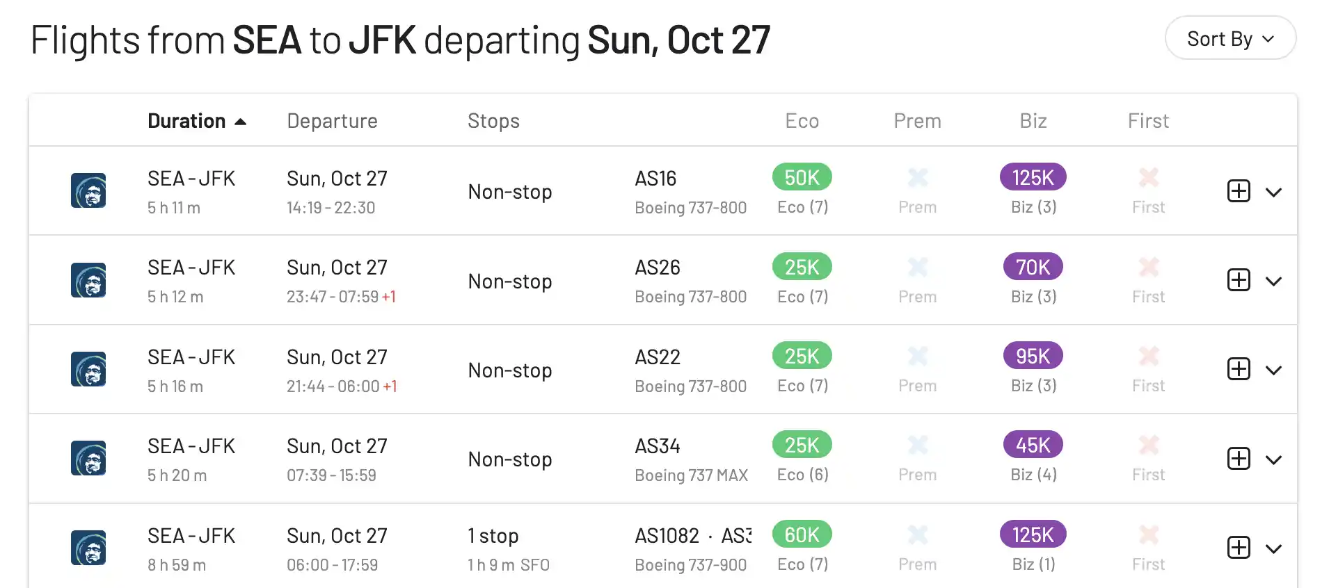 Search for award flights from Seattle to New York in the new Alaska Mileage Plan Program in 2025.