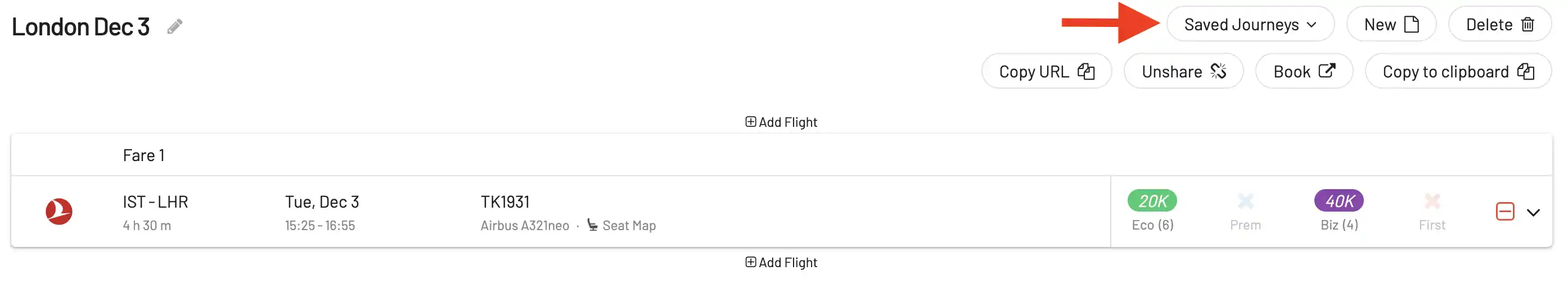 Building a round-trip award flight with AwardFares (Step 5).