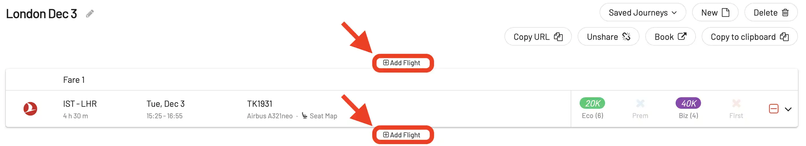 Building a round-trip award flight with AwardFares (Step 6).