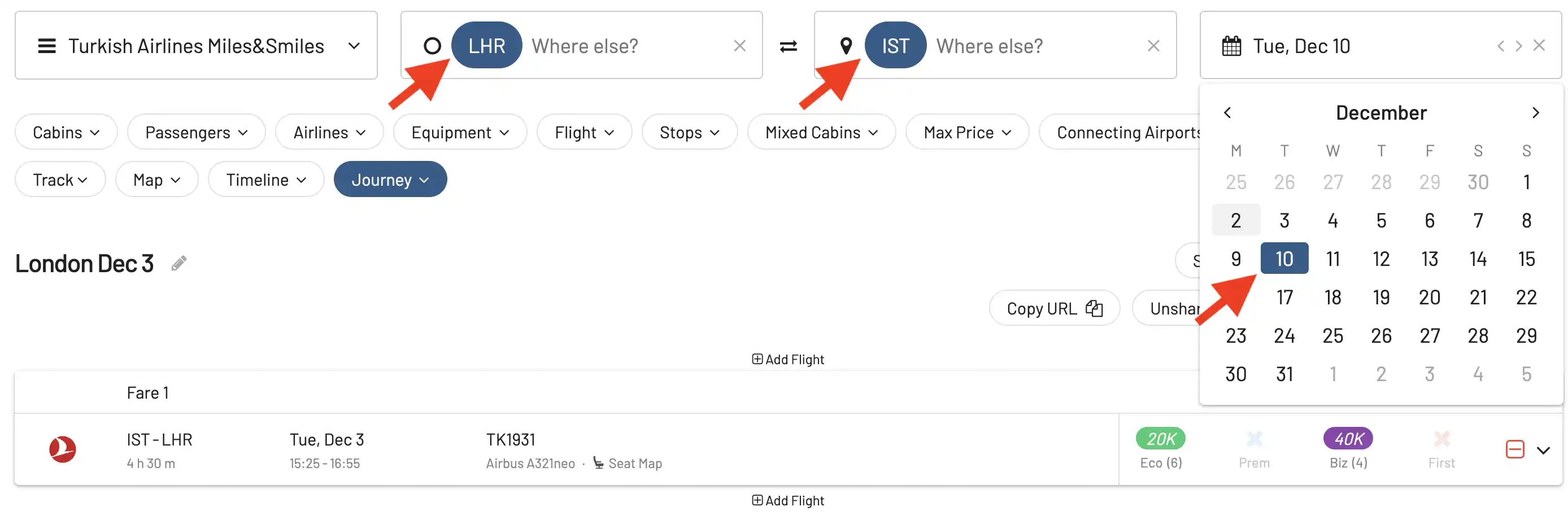 Building a round-trip award flight with AwardFares (Step 7).