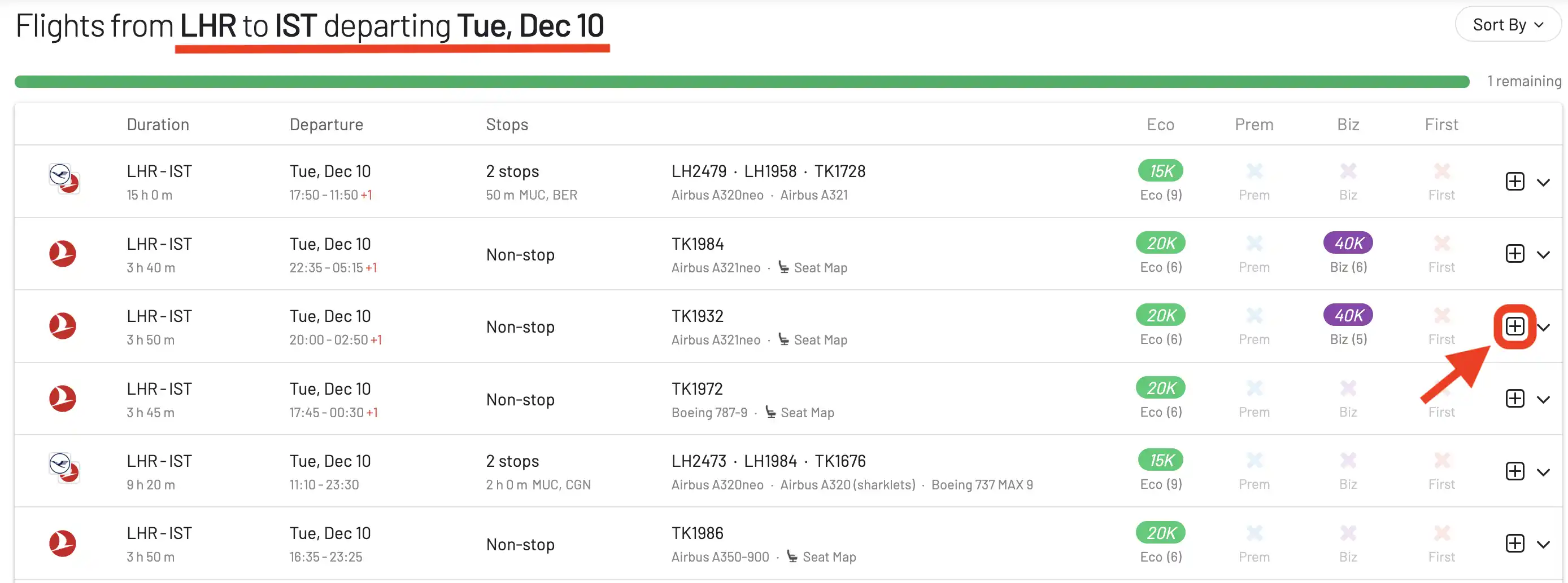 Building a round-trip award flight with AwardFares (Step 8).