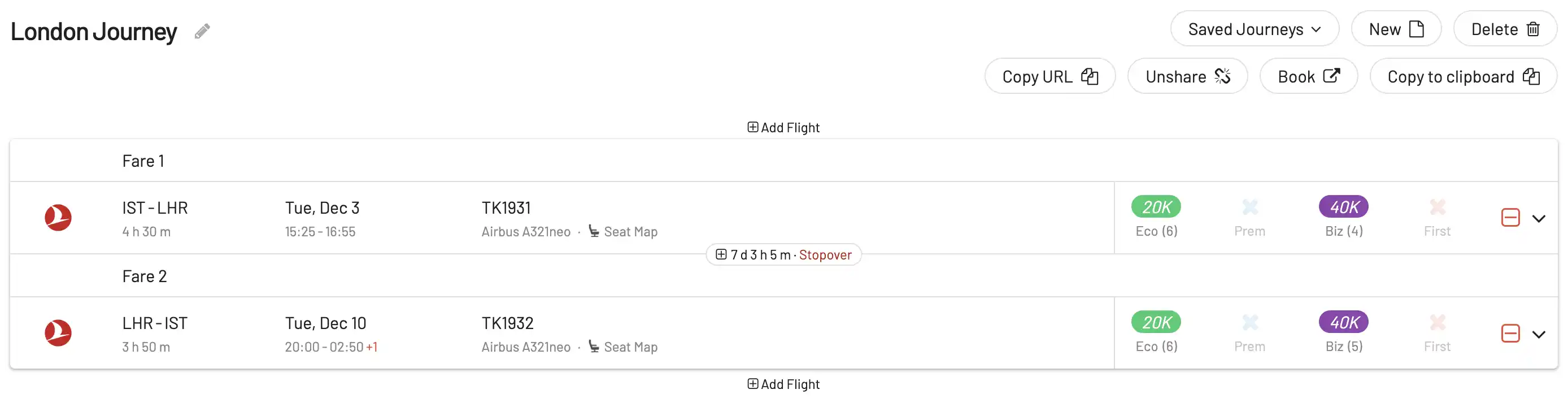 Building a round-trip award flight with AwardFares (Step 9).